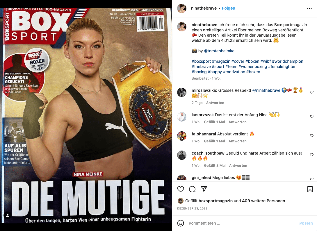 Wenn man das BOXSPORT-Cover ziert, darf man das auch stolz bei Instagram posten. So wie Nina Meinke, Kampfname "the brave", die auf dem Cover der ersten Boxsport-Ausgabe 2023 zu sehen ist. 